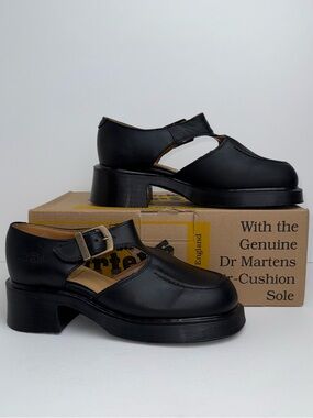Vintage Dr. Martens England MIE Greasy Black Jazz Heel T Bar Mary Janes UK 5